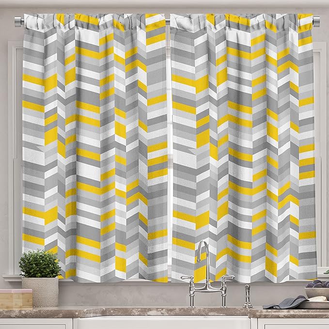 Ambesonne Grey and Yellow Kitchen Curtains, Geometric Vintage 60s Home Pattern Inspired Herringbone Zig Zag Lines, Window Drapes 2 Panel Set for Kitchen Cafe Decor, 55" x 39", Yellow Grey