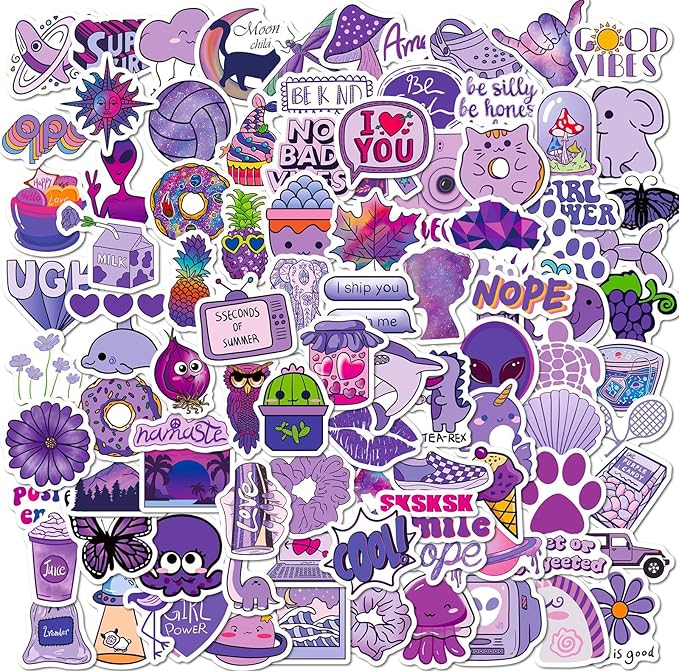 100PCS Purple Stickers, Lifany Cartoon Stickers Pack for Adults,Kids, Waterproof and Aesthetic Vinyl Stickers for Water Bottle, Laptop, Phone, Skateboard, Black Cat Decor Decal for Christmas