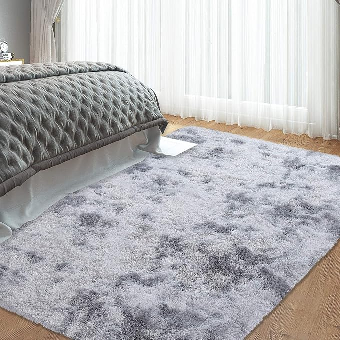 Super Soft Shag Area Rugs Indoor Modern Large Carpets Plush Fluffy Living Room Carpets for Childern Bedroom Non Slip Furry Rugs for Nursery Dorm Home Decor, Tie-Dyed Light Grey, 6' x 9'