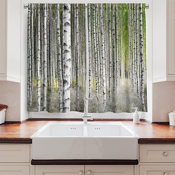 Ambesonne Birch Tree Long Kitchen Curtains, Peaceful Late Summer Woodland Trunks Leaves Foliage Serene Tranquil, Two Panels Drapes with Rod Pocket Room Decor, 55" x 45", Grey Green