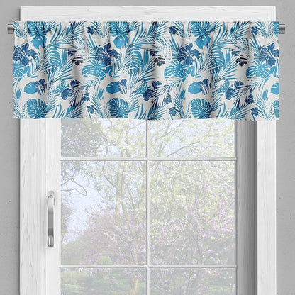 Ambesonne Leaf Valance & Tier Curtain 3 pcs Set, Island Ocean Beach Sea Inspired Hawaiian Flowers Palm Tree Leaves Art Print, Window Treatments for Kitchen Room Decor, 55" x 24", Blue Lilac