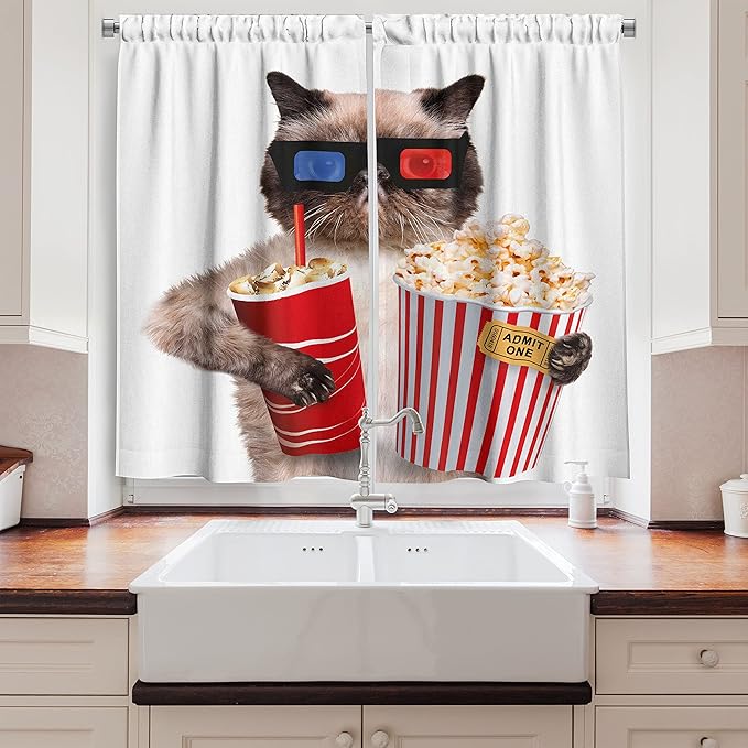 Ambesonne Movie Theater Kitchen Curtains, Cat with Popcorn and Drink Watching Movie Glasses Entertainment Cinema Fun, Window Drapes 2 Panel Set for Kitchen Cafe Decor, 55" x 39", Cream Red