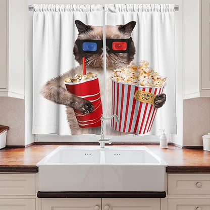 Ambesonne Movie Theater Long Kitchen Curtains, Cat with Popcorn and Drink Watching Movie Glasses Entertainment Cinema Fun, Two Panels Drapes with Rod Pocket Room Decor, 55" x 45", Cream Red