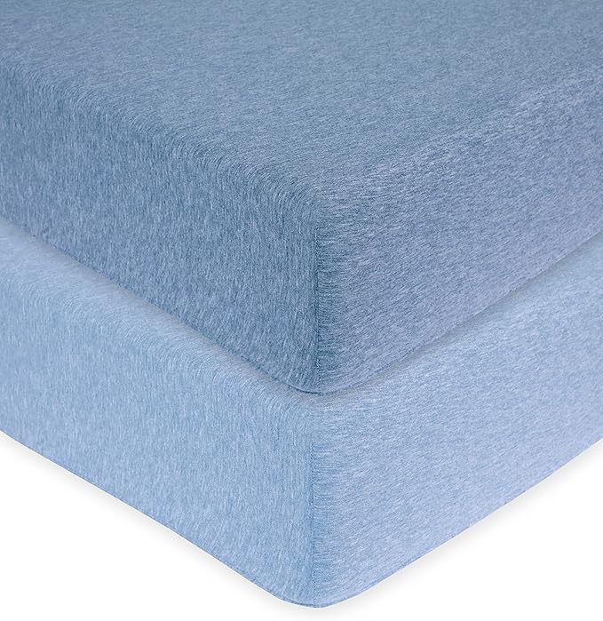 100% Cotton Jersey Knitted Mini Crib Sheets for Boys and Toddler, Soft and Breathable, Crib Sheets Girl Snug Fit, Machine Washable, Multiple Colors (P2, Denim Blue/Sky Blue,38"x24"x6")