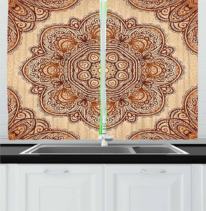 Ambesonne Ethnic Kitchen Curtains, Mehndi Style Floral Flower with Abstract Paisley Backdrop Art Print, Window Drapes 2 Panel Set for Kitchen Cafe Decor, 55" x 36", Dark Brown