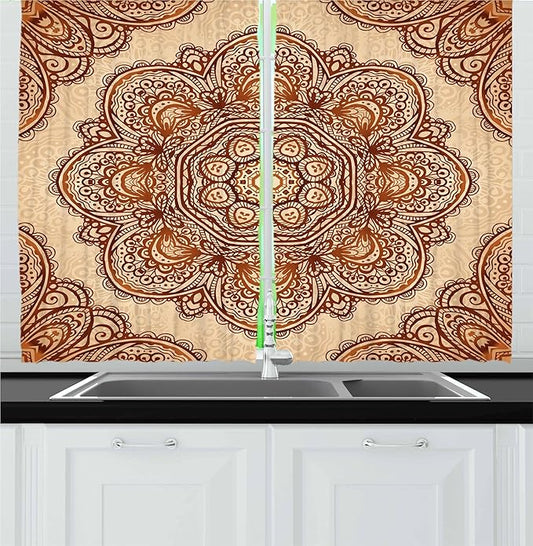 Ambesonne Ethnic Kitchen Curtains, Mehndi Style Floral Flower with Abstract Paisley Backdrop Art Print, Window Drapes 2 Panel Set for Kitchen Cafe Decor, 55" x 36", Dark Brown