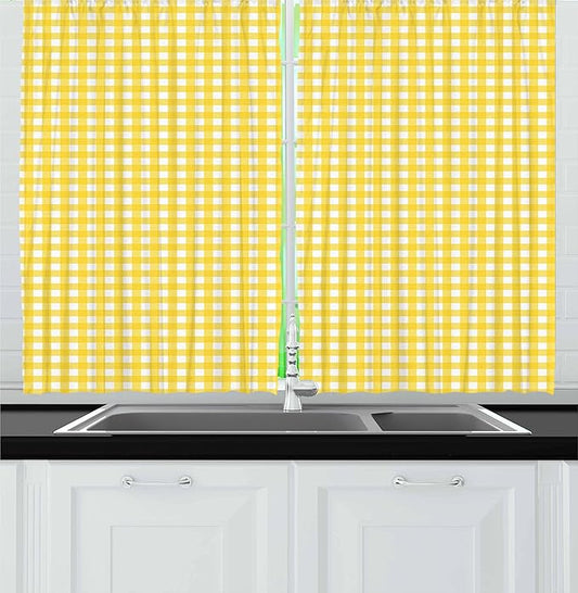 Ambesonne Checkered Kitchen Curtains, Classic English Pattern in Yellow Picnic in Summertime Theme Retro Striped, Window Drapes 2 Panel Set for Kitchen Cafe Decor, 55" x 36", Yellow White