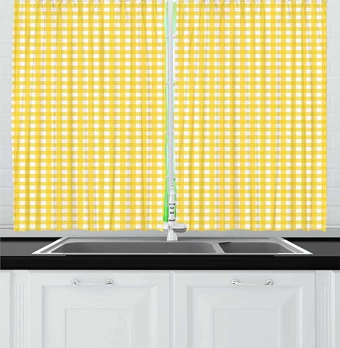 Ambesonne Checkered Kitchen Curtains, Classic English Pattern in Yellow Picnic in Summertime Theme Retro Striped, Window Drapes 2 Panel Set for Kitchen Cafe Decor, 55" x 24", Yellow White