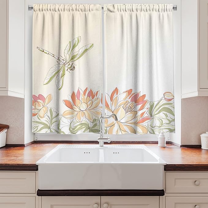 Ambesonne Dragonfly Kitchen Curtains, Lotus Flower Field Winged Bug Flying Oriental Blooms Print, Window Drapes 2 Panel Set for Kitchen Cafe Decor, 55" x 39", Cream Peach