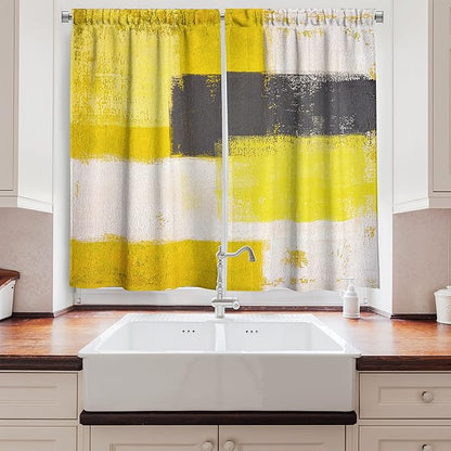 Ambesonne Grey and Yellow Long Kitchen Curtains, Abstract Grunge Style Brushstrokes Painting Contemporary Illustration, Two Panels Drapes with Rod Pocket Room Decor, 55" x 45", White Charcoal