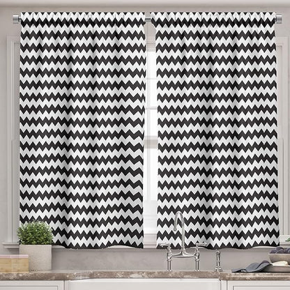 Ambesonne Chevron Valance & Tier Curtain 3 pcs Set, Zig Zags in Black and White Sharp Arrow Inspired Classic Retro Tile Monochrome, Window Treatments for Kitchen Room Decor, 55" x 45", Black Cream