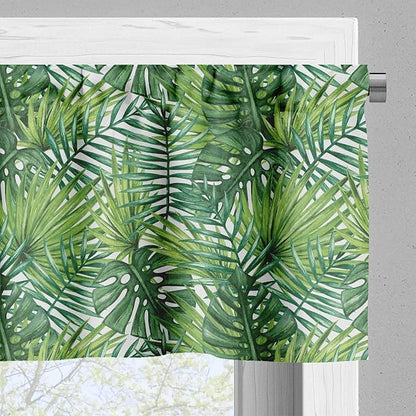 Ambesonne Leaf Valance & Tier Curtain 3 pcs Set, Tropical Exotic Banana Forest Palm Tree Leaves Watercolor Design Image, Window Treatments for Kitchen Room Decor, 55" x 45", Green