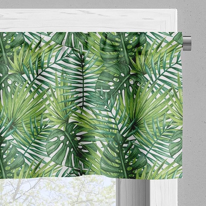 Ambesonne Leaf Valance & Tier Curtain 3 pcs Set, Tropical Exotic Banana Forest Palm Tree Leaves Watercolor Design Image, Window Treatments for Kitchen Room Decor, 55" x 36", Green