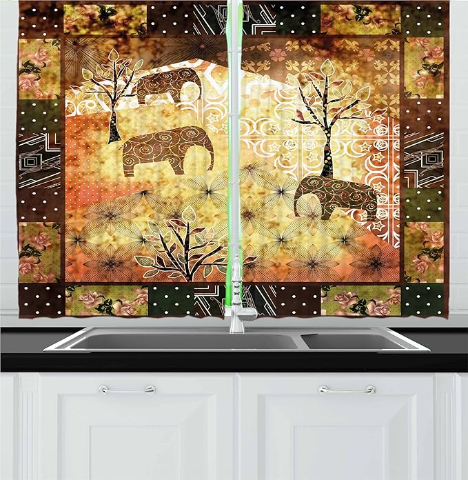 Ambesonne African Kitchen Curtains, Patchwork Inspired Pattern Grunge Vintage Featured Elephants Trees Roses Print, Window Drapes 2 Panel Set for Kitchen, 55" x 36", Pale Brown