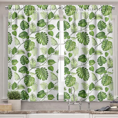 Ambesonne Leaf Valance & Tier Curtain 3 pcs Set, Brazilian Rainforest Foliage Nature Ivy Swirls Palm Banana Trees Leaves Art Print, Window Treatments for Kitchen Room Decor, 55" x 24", Fern Green