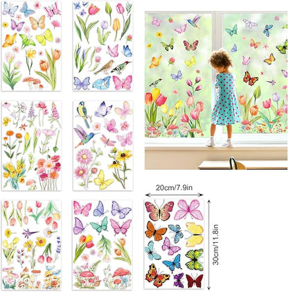 8 Sheets Butterfly Floral Window Clings Summer Floral Static Window Stickers Refrigerator Glass Party Decorations Add Joy to The Season and Home Decoration