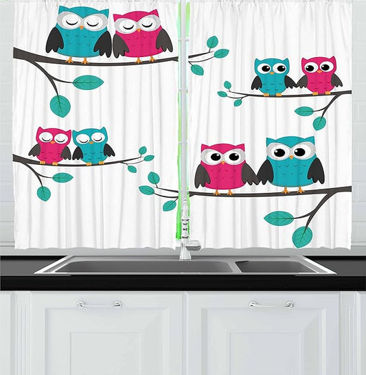 Ambesonne Cartoon Kitchen Curtains, Couples of Owls Sitting on Spring Branches Funny Characters, Window Drapes 2 Panel Set for Kitchen Cafe Decor, 55" x 36", Pink Turquoise