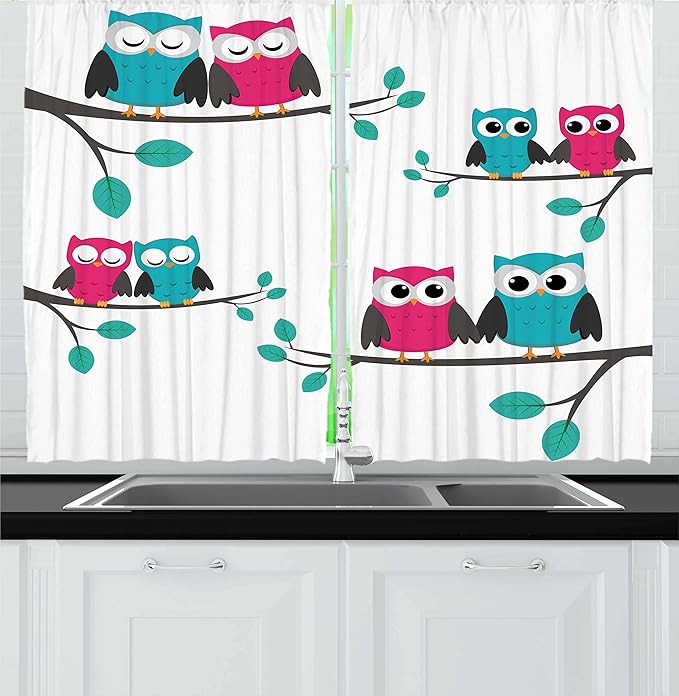 Ambesonne Cartoon Kitchen Curtains, Couples of Owls Sitting on Spring Branches Funny Characters, Window Drapes 2 Panel Set for Kitchen Cafe Decor, 55" x 24", Pink Turquoise