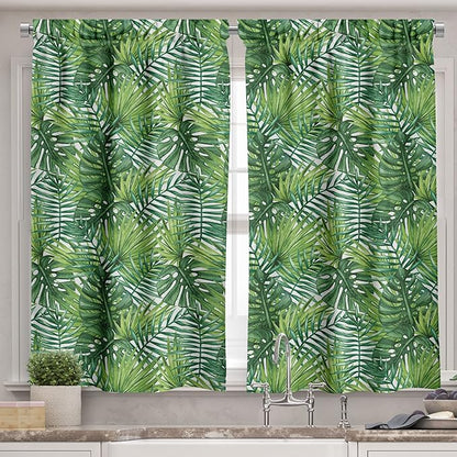 Ambesonne Leaf Valance & Tier Curtain 3 pcs Set, Tropical Exotic Banana Forest Palm Tree Leaves Watercolor Design Image, Window Treatments for Kitchen Room Decor, 55" x 45", Green