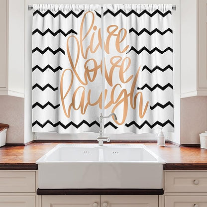 Ambesonne Live Laugh Love Long Kitchen Curtains, Motivational Calligraphic Artwork with Zigzags Chevron Stripes, Two Panels Drapes with Rod Pocket Room Decor, 55" x 45", White Peach