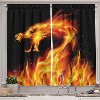 Ambesonne Dragon Long Kitchen Curtains, Abstract Fiery Creature on Black Background Illustration, Two Panels Drapes with Rod Pocket Room Decor, 55" x 45", Orange Charcoal