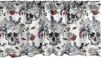 Ambesonne Gothic Window Valance, Day of The Dead Inspired Human Skulls Design with Colorful Flowers Mexican Tradition, Curtain Valance for Kitchen Bedroom Decor with Rod Pocket, 54" X 12", Charcoal