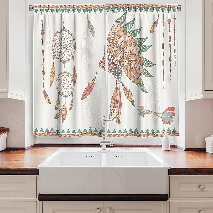 Ambesonne Feather Long Kitchen Curtains, Prehistoric Chief Headdress Arrows Dreamcatchers, Two Panels Drapes with Rod Pocket Room Decor, 55" x 45", Coral Brown