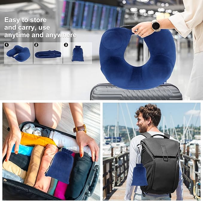 Neck Pillow, Inflatable Travel Pillows for Sleeping to Avoid Neck and Head Pain, Soft & Support Travel Essentials for Flight Headrest Sleep/Car/Office&Home Rest Use (Blue)