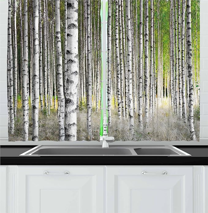 Ambesonne Birch Tree Kitchen Curtains, Peaceful Late Summer Woodland Trunks Leaves Foliage Serene Tranquil, Window Drapes 2 Panel Set for Kitchen Cafe Decor, 55" x 36", Grey Green