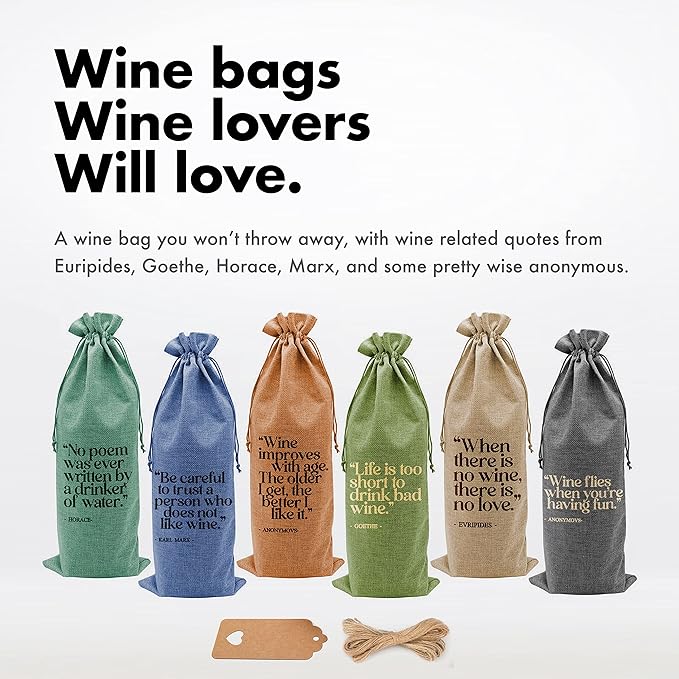 Siko 6Pcs Burlap Wine bags for Wine Bottles Gifts with Funny Quotes - Multicolor Reusable Bottle Bags with Drawstrings & Gift Tags for Wedding, Dinner Party, Housewarming & Home Storage