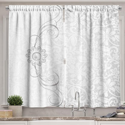 Ambesonne Grey Long Kitchen Curtains, Lace Inspired Flourish Motifs Background with Bridal Flower Border Wedding Pattern, Two Panels Drapes with Rod Pocket Room Decor, 55" x 45", Silver White