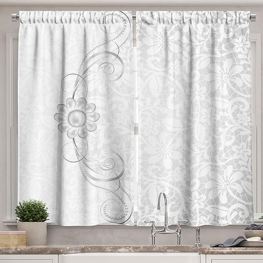 Ambesonne Grey Kitchen Curtains, Lace Inspired Flourish Motifs Background with Bridal Flower Border Wedding Pattern, Window Drapes 2 Panel Set for Kitchen Cafe Decor, 55" x 39", Silver White