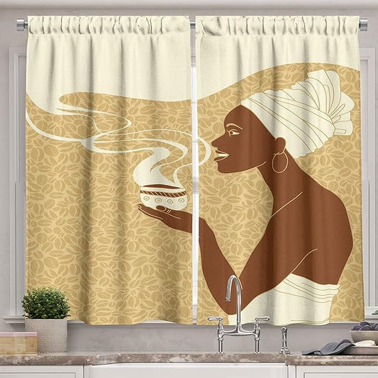 Ambesonne African Kitchen Curtains, Smiling Happy Afro Lady with Hot Coffee Cup Cocoa Vintage, Window Drapes 2 Panel Set for Kitchen Cafe Decor, 55" x 39", Soft Brown