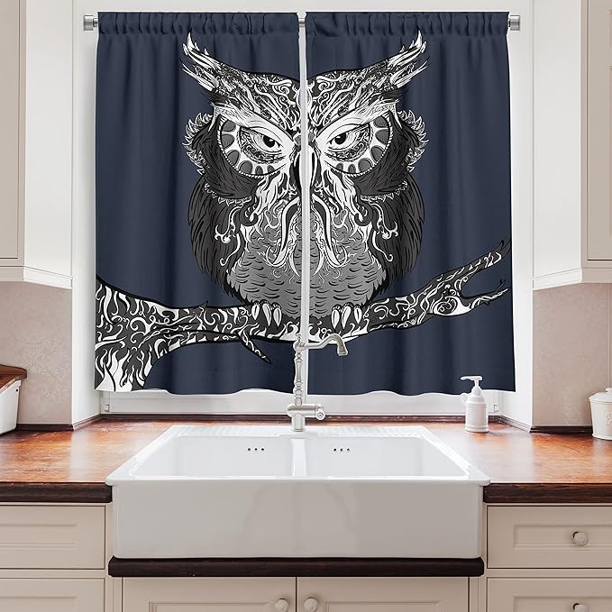 Ambesonne Indie Kitchen Curtains, Owl with Vintage Style Ornaments Wisdom Creature of Night, Window Drapes 2 Panel Set for Kitchen Cafe Decor, 55" x 39", Charcoal Grey