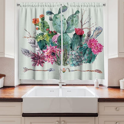 Ambesonne Cactus Kitchen Curtains, Spring Garden with Boho Style Bouquet of Thorny Plants Blossoms Arrows Feathers, Window Drapes 2 Panel Set for Kitchen Cafe Decor, 55 X 39, Mint Green