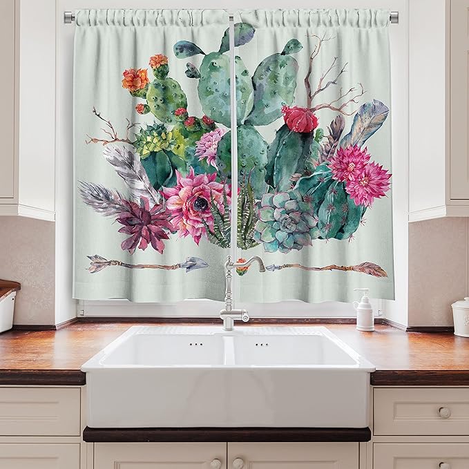 Ambesonne Cactus Long Kitchen Curtains, Spring Garden with Boho Style Bouquet of Thorny Plants Blossoms Arrows Feathers, Two Panels Drapes with Rod Pocket Room Decor, 55" x 45", Mint Green