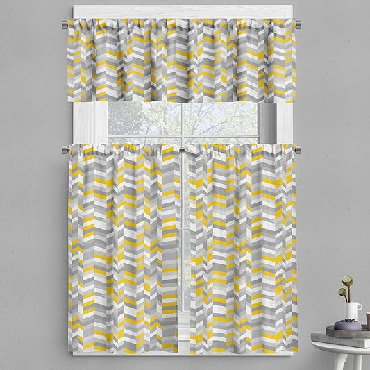 Ambesonne Grey and Yellow Valance & Tier Curtain 3 pcs Set, Geometric Vintage 60s Home Pattern Inspired Herringbone Zig Zag Lines, Window Treatments for Kitchen Room Decor, 55" x 24", Yellow Grey