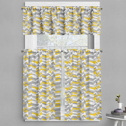 Ambesonne Grey and Yellow Valance & Tier Curtain 3 pcs Set, Geometric Vintage 60s Home Pattern Inspired Herringbone Zig Zag Lines, Window Treatments for Kitchen Room Decor, 55" x 45", Yellow Grey