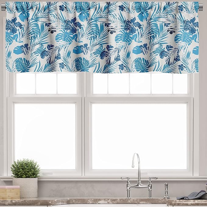 Ambesonne Leaf Valance & Tier Curtain 3 pcs Set, Island Ocean Beach Sea Inspired Hawaiian Flowers Palm Tree Leaves Art Print, Window Treatments for Kitchen Room Decor, 55" x 24", Blue Lilac