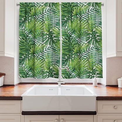 Ambesonne Leaf Long Kitchen Curtains, Tropical Exotic Banana Forest Palm Tree Leaves Watercolor Design Image, Two Panels Drapes with Rod Pocket Room Decor, 55" x 45", Green