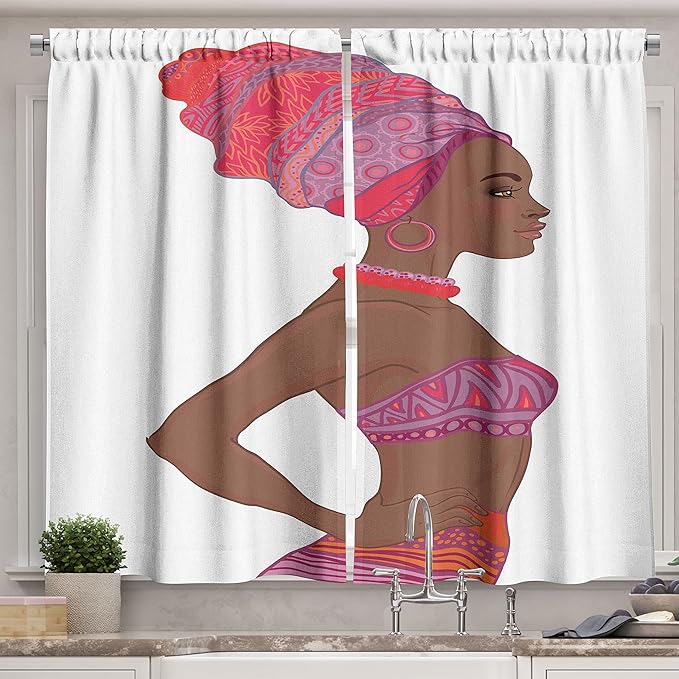 Ambesonne African Long Kitchen Curtains, Zulu Woman with Bandage Dress Necklace Female Illustration, Two Panels Drapes with Rod Pocket Room Decor, 55" x 45", Chocolate Purple