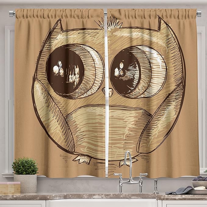 Ambesonne Cartoon Kitchen Curtains, Owl Sketch with Realistic Eyes and Very Tiny Feet Style Drawing Print, Window Drapes 2 Panel Set for Kitchen Cafe Decor, 55" x 39", Brown