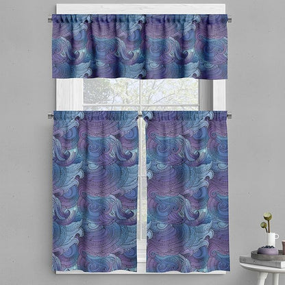 Ambesonne Abstract Valance & Tier Curtain 3 pcs Set, Ocean Inspired Graphic Paisley Swirled Hand Drawn Art Print, Window Treatments for Kitchen Room Decor, 55" x 36", Blue Purple