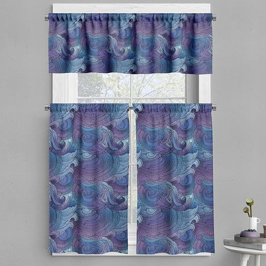 Ambesonne Abstract Valance & Tier Curtain 3 pcs Set, Ocean Inspired Graphic Paisley Swirled Hand Drawn Art Print, Window Treatments for Room Kitchen Decor, 55" x 24", Blue Purple