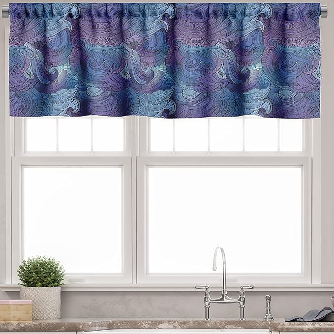 Ambesonne Abstract Valance & Tier Curtain 3 pcs Set, Ocean Inspired Graphic Paisley Swirled Hand Drawn Art Print, Window Treatments for Kitchen Room Decor, 55" x 30", Blue Purple