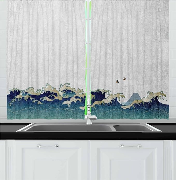 Ambesonne Japanese Wave Kitchen Curtains, Aquatic Swirls Birds of Ocean Ukiyo-e Style Artwork Greyscale Background, Window Drapes 2 Panel Set for Kitchen Cafe Decor, 55" x 36", Grey Blue