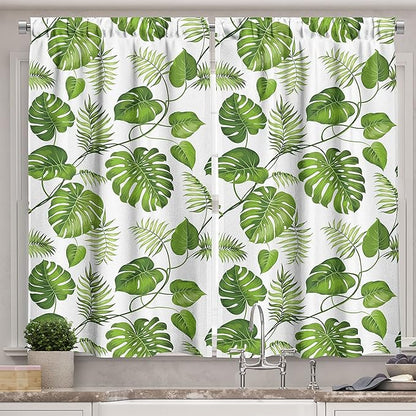 Ambesonne Leaf Kitchen Curtains, Brazilian Rainforest Foliage Nature Ivy Swirls Palm Banana Trees Leaves Art Print, Window Drapes 2 Panel Set for Kitchen Cafe Decor, 55" x 39", Fern Green