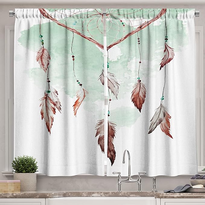 Ambesonne Feather Long Kitchen Curtains, Watercolor Vibrant Dream Catcher with Ornamental Elements Traditional Design, Two Panels Drapes with Rod Pocket Room Decor, 55" x 45", Green Brown