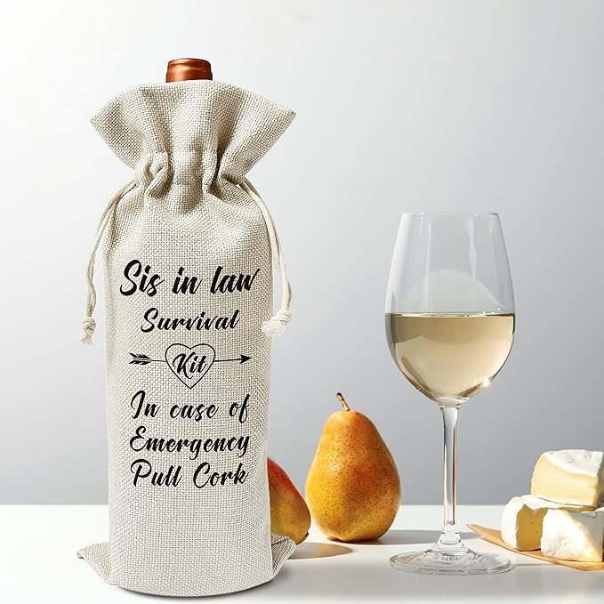 Zodvery Sister-in-law Wine Gift Bags - for Wedding, Engagement, Birthday, Christmas, Holiday Party - Reusable Burlap With Drawstring Gift Bag (5.5"x 13.5")-1 Pcs/jiu004