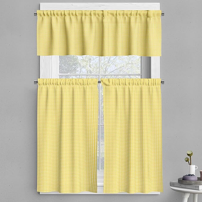 Ambesonne Checkered Valance & Tier Curtain 3 pcs Set, Classic English Pattern in Yellow Picnic in Summertime Theme Retro Striped, Window Treatments for Kitchen Room Decor, 55" x 45", Yellow White